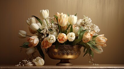 Ornate floral arrangements emphasizing tulips, on a brushed gold backdrop.