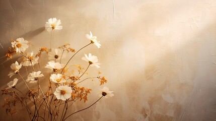 Wildflowers casting soft shadows on a textured paper surface. Elegant floral design. Card, voucher, gorgeous beauty. 
