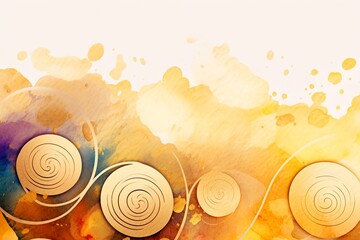 Spirals, circles in gold swirling on a watered, colored background. Some small colored circles, splashes are decorating this luxury background. Banner, card, greetings, celebration, invitation.