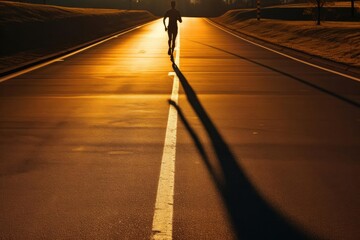 Runner's shadow cast on an empty road