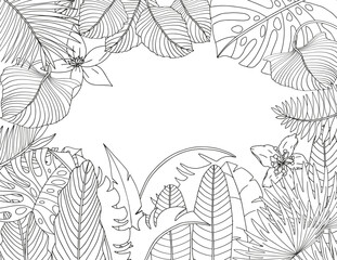 Fototapeta na wymiar Coloring page made of tropical flowers and leaves. The best activity to relieve stress.