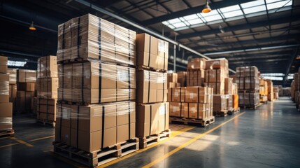 Warehouse full of shelves with goods in cardboard boxes and packages