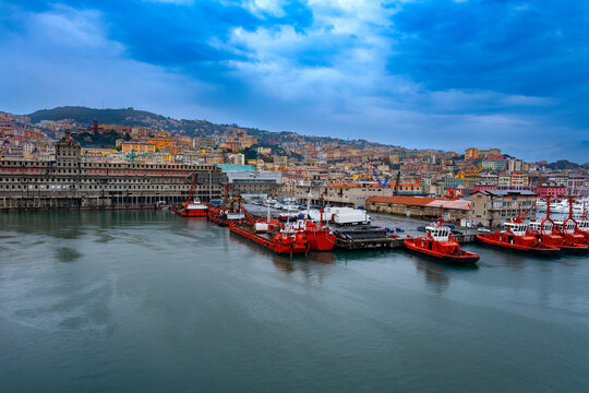 Panoramic view of Genoa waterfront and port in Italy