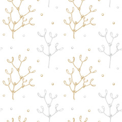 Merry Christmas and Happy New Year mistletoe seamless pattern. Vector illustration in sketch style. Festive background