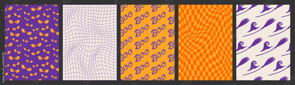 Aufkleber happy halloween posters. groovy halloween backgrounds set. happy halloween simple pattern with scary