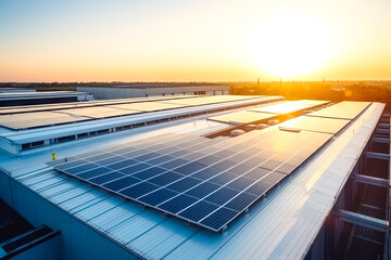 Huge industrial building with solar panels on top. Morning light above a warehouse, green technology showcase