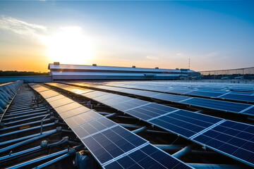 Large industrial building with solar panels on top. Morning light above a warehouse, green technology showcase