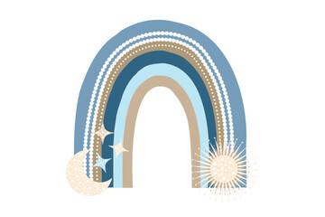 Baby rainbow in boho style. Cute vector illustration of moon stars sun in pastel colors. For children's poster design.