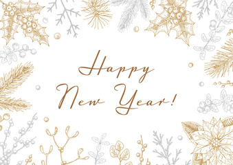 Merry Christmas and Happy New Year horizontal greeting card with hand drawn golden fir tree brandhes and cones. Vector illustration in sketch style. Festive background