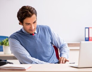 Naklejka premium Young handsome employee working in the office