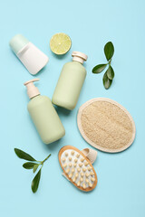 Composition with cosmetics and bath supplies on color background