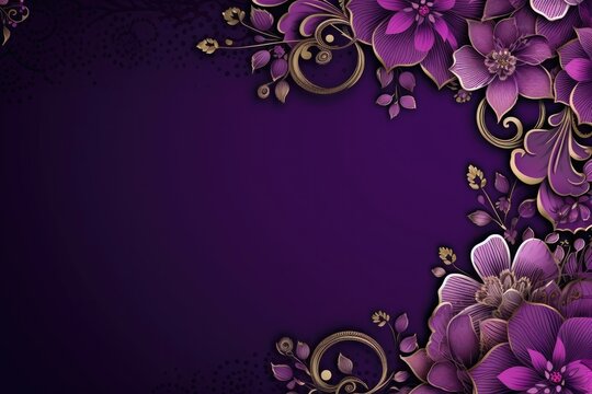 Majestic Indian wedding card scenery, royal purple theme, regal ornaments.