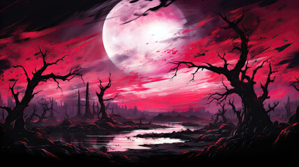 Horror landscape with dead trees and full moon. Halloween illustration