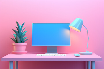 AI - A blue computer with accessories on the table in a pink interior