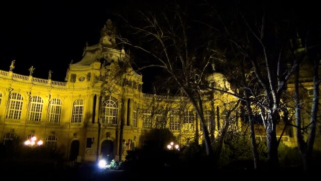 Vajdahunyad Castle, Budapest City Park, Hungary, lit up on a dark night in winter