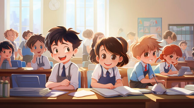 a primary elementary school group of children studying in the classroom. learning and sitting at the desk. Education theme. Children in a classroom.
