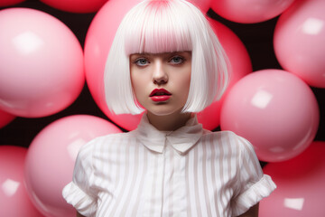 Beautiful fashion portrait of a blonde with short hair on a beautiful background with pink ball figures.generative ai
