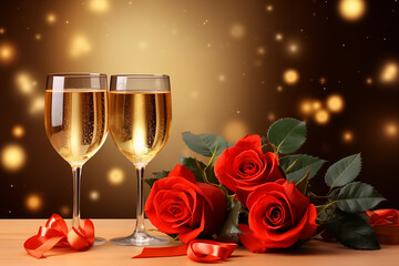 AI. Two glasses of champagne and pink roses on a light blurred background, Christmas, holiday for two