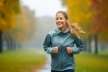 Happy female runner jogging on a park on an rainy autumn day