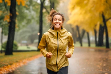 Schilderijen op glas Happy female runner jogging on a park on an rainy autumn day © MVProductions