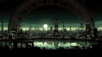 Panoramic view of the city at night. Vector illustration