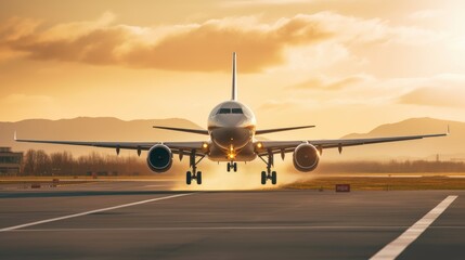 Fototapeta premium A large passenger jet takes off down an airport runway at sunset