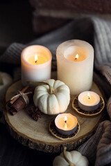 Fototapeta na wymiar Autumn home composition with aromatic candle, dry citrus, cinnamon, anise. Aromatherapy on a grey fall morning, atmosphere of cosiness and relax. Wooden background close up copy space