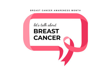 Breast Cancer Awareness Month with pink ribbon, speech bubble symbol. October is Breast Cancer Awareness Month