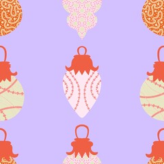 Cartoon winter toys seamless Christmas tree balls pattern for wrapping paper and fabrics and kids clothes print