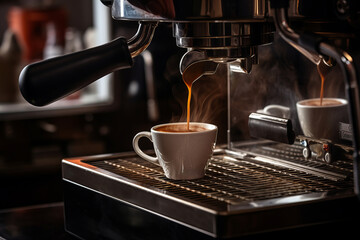 A coffee machine pouring coffee or espresso into a white cup.generative ai