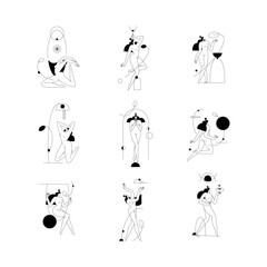 Abstract contemporary woman body vector collection. Minimal female silhouette, feminine figure, geometric shapes composition. Beauty, body care concept illustration set for logo, branding. Fine art - 646984746