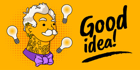 Old character. Idea, businessman, tattoo on hipster grandpa, senior salesman joy with bulb, lightbulb. Comic pop art, good hairstyle, tattoos and piercings, earrings and bow tie. Vector illustration