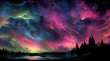 Fantasy landscape with lake, forest and night sky with clouds