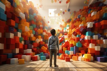 Small child in the playroom. little happy and cheerful boy plays with colorful constructor cubes. Pre-school development and education - obrazy, fototapety, plakaty
