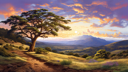 Obraz premium Landscape with acacia tree in the mountains at sunset time