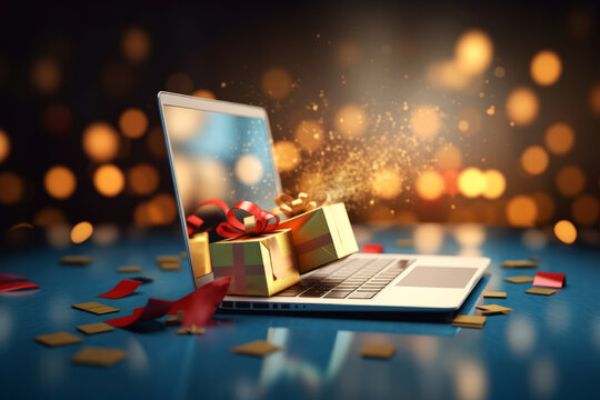 Beautiful Christmas background with laptop and gifts on it, online Christmas shopping concept.generative ai
