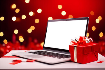 Laptop with a blank white screen with space for graphics or text on a festive red background with gifts. Online Christmas shopping concept.generative ai

