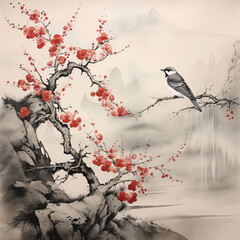 Black and White Japanese Landscape Ink Wash Painting