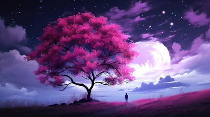 Night landscape with a lonely tree and a man in the foreground