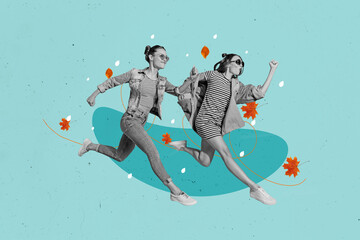 Composite collage of two cheerful black white colors girls running fast falling maple leaves isolated on painted blue background