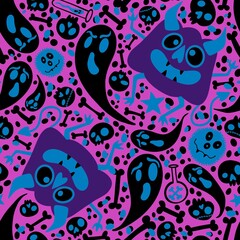 Fototapeta premium Halloween monsters seamless pumpkins and ghost and bones pattern for wrapping paper and fabrics and linens