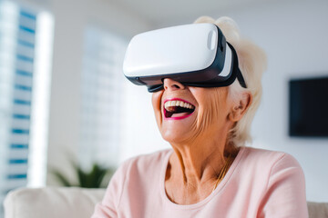 Elderly woman wearing VR headset, expressing wonder and joy. Presenting the excitement of technology and innovation in later life