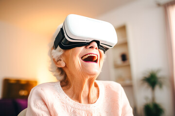Elderly woman wearing VR headset, expressing wonder and joy. Presenting the excitement of technology and innovation in later life