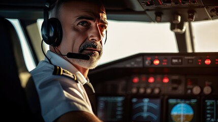 Close-up portrait of a pilot in the cockpit of an airplane - obrazy, fototapety, plakaty