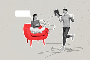 Photo banner image collage of two young colleagues connection working remote business partners project chatting isolated on grey background