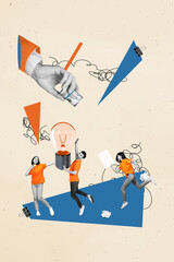 Creative artwork collage of three workers teammates hands hold lightbulb genius invention make money startup isolated on beige background