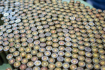 Object made up of spent used cartridge cases. Lots used shells from cartridge cases ammo close up. Model from Many Used cartridge Cases. Concept war military confrontation defense protection firearm