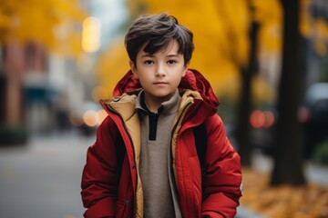 Portrait of a boy in a red jacket on a background of autumn street.