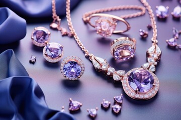 Beautiful purple background with women's jewelry, diamond or diamond necklace and earrings.generative ai
