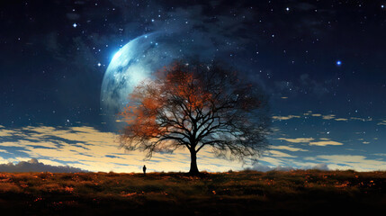 Night landscape with a tree and full moon